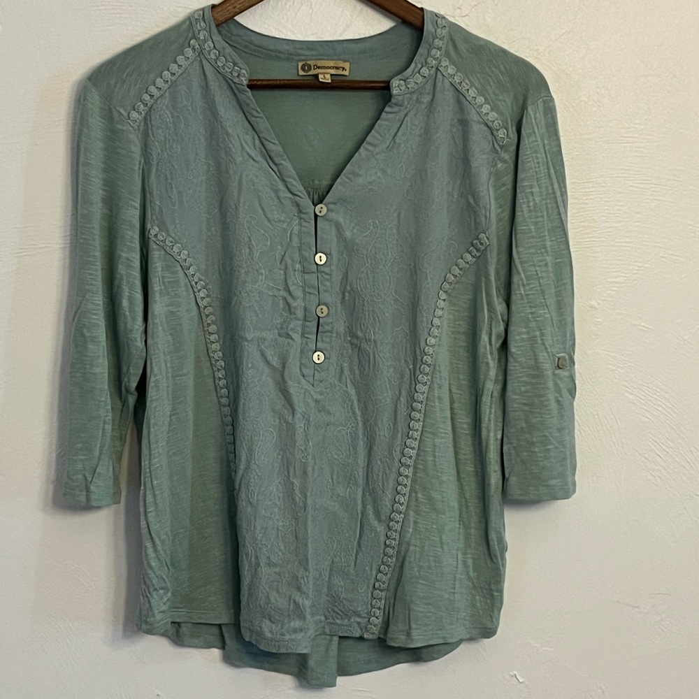 Democracy Light Green Textured Blouse with Buttons